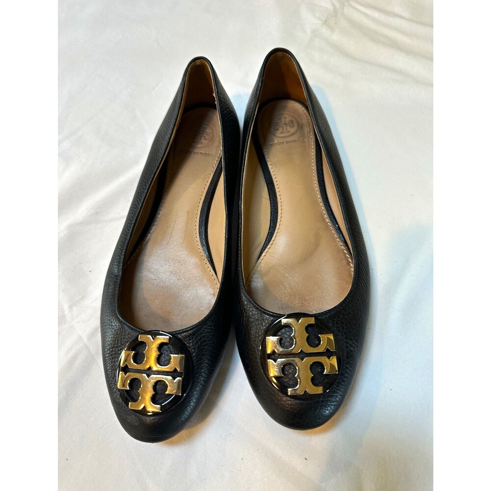 Tory Burch Black Leather Ballet Flat Round Toe Logo Slip-On Women's US 8